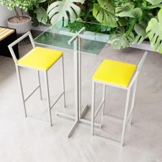 Conjunto Mesa Alta Bar Bistrô Quadrada Vidro 2 Banquetas Confort Estof