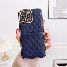 Carteira de couro de luxo capa de telefone para iPhone 14 Pro Max 14 Plus 13 Pro Max 12 capa de proteção de lente para iPhone 12 Pro, azul, para iPhone 12