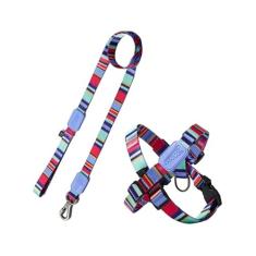 Peitoral em X e Guia para Cães Raios e Listras Violeta - G