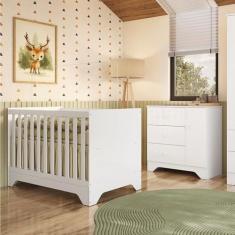 Quarto de Bebê Cômoda 1 Porta e Berço Minicama 100% Mdf Ravy Espresso Móveis Branco Brilho