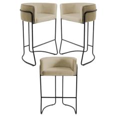 Kit 3 Banquetas Decorativas Base Aço Preto Betina C-129 Linho Creme - Domi