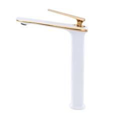 Torneira Misturador Monocomando Bica Alta Branco/Dourado