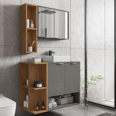 Gabinete Banheiro Ibiza 2 Portas Cuba E Armario Espelheira Titanium naturale