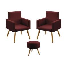 Kit 2 Poltronas Decorativas Vega e Puff Solar Suede Bordô Aradecor