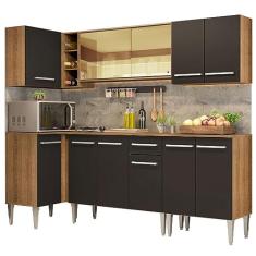 Armário de Cozinha Completa de Canto Madesa Emilly Play com Balcão e Aéreo Vidro Reflex - Rustic/preto