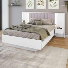 Cama Casal 140cm com Usb, Usb-c 2 Mesa de Cabeceiras Solaris Branco/Bege