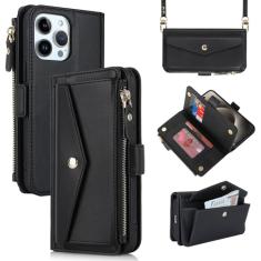 Jaorty Capa carteira para iPhone 15 Pro Max com cordão transversal para mulheres e homens, bolsa com zíper, bolso para moedas, capa de celular com porta-cartões, capa de couro PU para iPhone 15 Pro