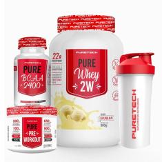 Kit Whey Pure 2W 900g + BCAA 2400 120 Cáps + Pré-treino 100g + Coqueteleira 600ml - Puretech-Unissex