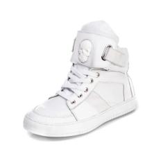 Tenis Sneaker Cano Alto Unissex Branco Com tiras autocolantes Botinha 