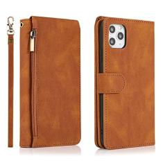 Capa tipo carteira de couro de luxo com zíper para iPhone 12 13 Mini 11 Pro XS Max XR X 8 7 6 6s Plus SE 2020 Capa de telefone para suporte de cartão flip, marrom, para iPhone 6 6s