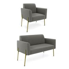 Sofá Namoradeira E Poltrona Pé De Ferro Dourado Marisa Suede D03 Grafite