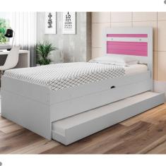 Cama Baú Solteiro Larissa Branco e Rosa Com Auxiliar