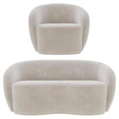 Sofá 3 Lugares Living 180cm E 1 Poltrona Giratória Garbin Z08 Veludo Bege - Mpozenato