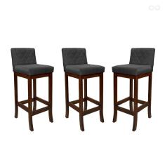 Kit 3 Banquetas Média para Balcão de Cozinha Tóquio Madeira Maciça Matelassê Suede Cinza CCS