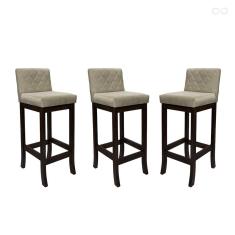 Kit 3 Banquetas Média com Encosto Matelassê Tóquio Madeira Maciça Maciça Suede Bege CCS