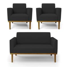 Sofá Namoradeira com 2 Poltronas Base de Madeira Fixa Castanho Marisa 
