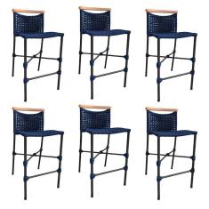 Kit 6 Banquetas Em Corda Náutica Base Em Alumínio Preta Com Detalhe Em Madeira Azul Marinho Azul