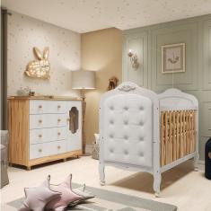 Quarto de Bebê Berço com Capitonê e Cômoda 4 Gavetas 100% MDF Maya Provençal Espresso Móveis Branco Brilho/Amêndoa/Branco