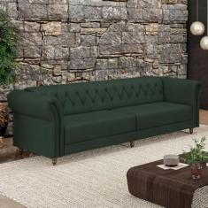 Sofá Living Sala de Estar Stanford Chesterfield 3 Lugares 260cm Pés de Madeira Couro Verde G58 - Gran Belo