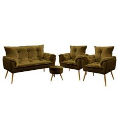 Namoradeira e 2 Poltronas Opala com Puff Solar Veludo Aradecor, Marrom