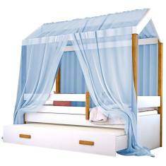 Cama Montessori Cabana Com Auxiliar Solteiro E Dossel Azul
