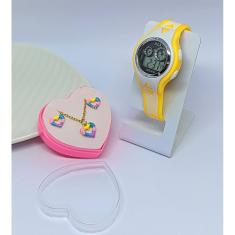 Kit Relógio Infantil Digital Luz Led Colorido Esporte Meninas Cronometro  + Conjunto Colar e Brincos Aço Delicado