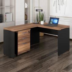 Mesa de Escritório  em L + Gaveteiro Marrom/Preto