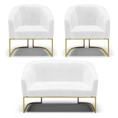 Sofá Namoradeira E 2 Poltronas Base Industrial Dourado Stella Corano Branco D03 - D`rossi