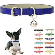Coleira de cachorro azul escuro com sino, coleiras de gato de couro sintético macio fivela ajustável para PPP XS extra pequeno médio pequeno feminino masculino meninos meninas animais de estimação