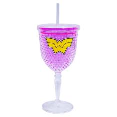 Copo Taça Com Canudo Gel Rosa Logo Mulher Maravilha - 300ml  - Minas d
