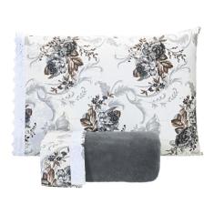 Jogo De Lençol Queen Manta Soft Com Elástico 3 Peças - Flores Cinza - 