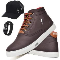 Tênis Masculino Casual Cano Alto + Boné + Relógio Kit 3 - Polo Blu, 37