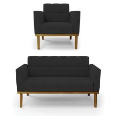 Sofá Namoradeira E Poltrona Base De Madeira Castanho Elisa Veludo D03 - D'rossi Cor Preto