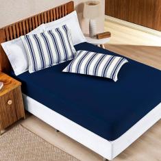 Jogo Cama Lençol Daily Casal Padrão Malha 100% Algodão Listrado 3 Peças - Azul Marinho