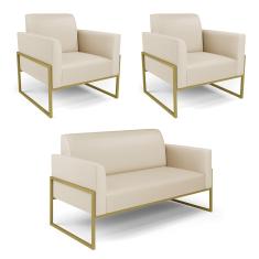 Sofá Namoradeira com 2 Poltronas Base Industrial Alta Dourado Marisa Corino Bege D03 - D'Rossi