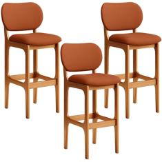 Kit 03 Banquetas Alta Bar Cozinha Sala Jantar Fixa Betta L02 Imbuia Tecido Terracota - Lyam Decor