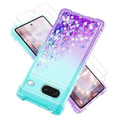 Capa para Pixel 7, com protetor de tela*2, capa para Google Pixel 7 fofa transparente coração com glitter macio TPU protetor à prova de choque, capa de telefone Pixel 7 para mulheres e meninas,