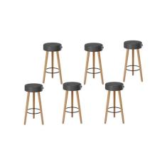 Kit 6 Banquetas Banco Alto Londres Couro Preto Bar Cozinha Pés Madeira