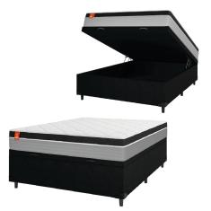 Cama Box Baú Casal Real 138x188 com Colchão Molas Ensacadas Suede Veludo Preto Cinza CBP Colchões e Espumas
