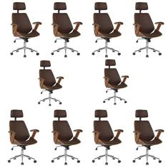 Kit 10 Cadeiras De Escritório Presidente Giratória Com Apoia Cabeça Office Lisboa Marrom