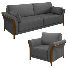 Kit Sofá Living 3 Lugares E Poltrona 102cm Pés Madeira Roya M22 Linho Cinza Escuro - Mpozenato