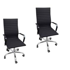 Kit 2 Cadeiras Eames Esteirinha Presidente Alta Estofada Couro Preto