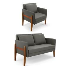 Kit 1 Sofá Namoradeira e 1 Poltrona Lana Suede Grafite Base de Madeira - D'Rossi