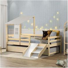 Bicama Solteiro Infantil Prime Telhadinho II e Escadinha/Escorrega Marroml/Branco