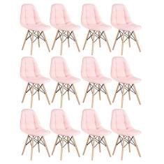 Loft7, Kit 12x Cadeiras Estofadas Eames Eiffel Botonê com Base de Madeira Clara, PU Sintético e Aço, Escritório, Sala de Estar e Sala de Jantar - Rosa Claro