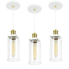 Kit 3 Lustres Pendente Château Cilindrico Vidro Branco Gold