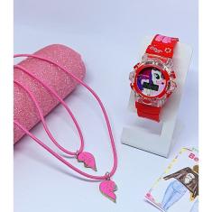 Kit Relógio Infantil Digital Pisca Luz Toca Musica + Colar de Amizade Best Friends Personagem Aranha Frozen Friend Moda