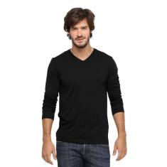 Camiseta Manga Longa Gola V Masculina Di Nuevo New Preta, Preto, P