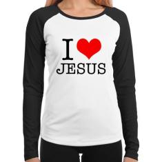 Baby Look Raglan I Love Jesus Manga Longa - Foca na Moda, Branco, Pret