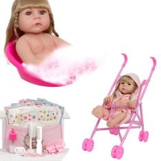 Boneca Bebê Reborn Menina Fofa Carrinho Rosa Envio Imediato - Cegonha 